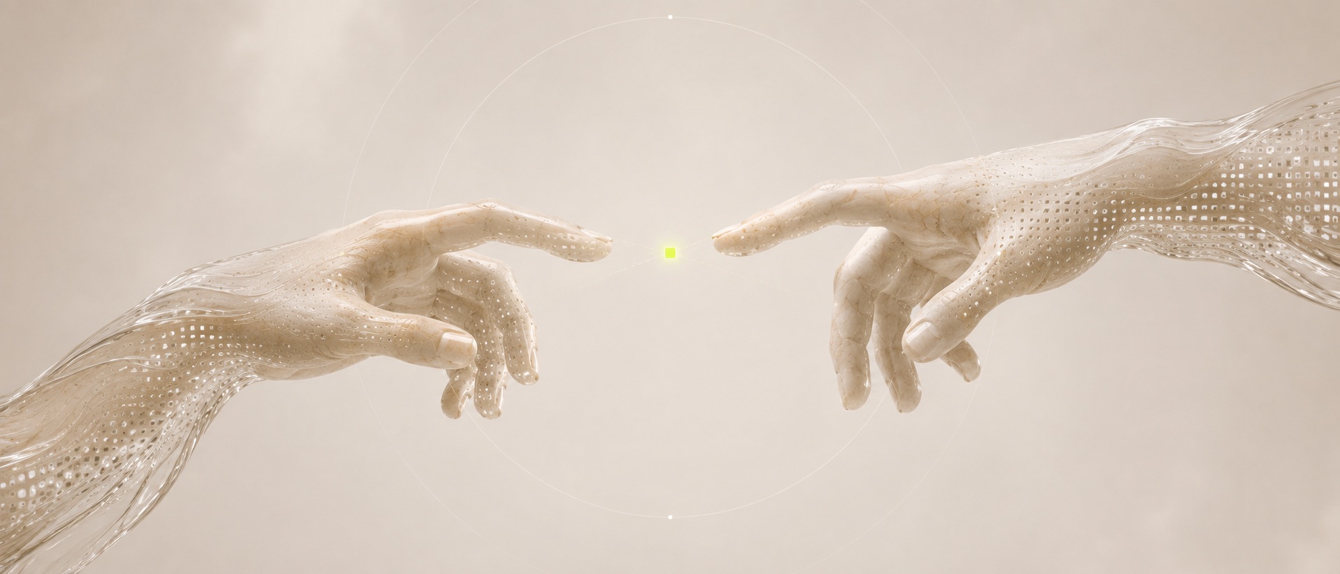 Two sculptural hands reach toward a single shared lime signal