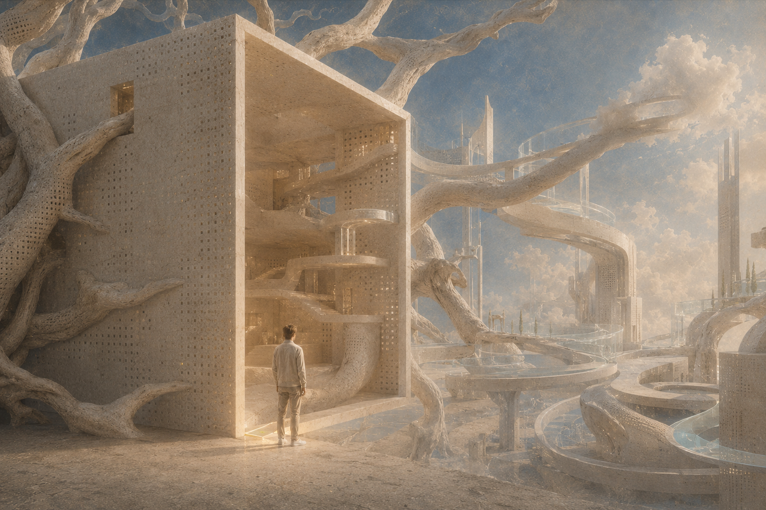 A branching tree pushing beyond a stone box into an open architectural landscape