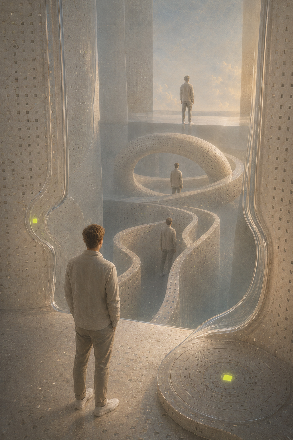 A winding path through stone and glass, with figures at successive stages of the journey