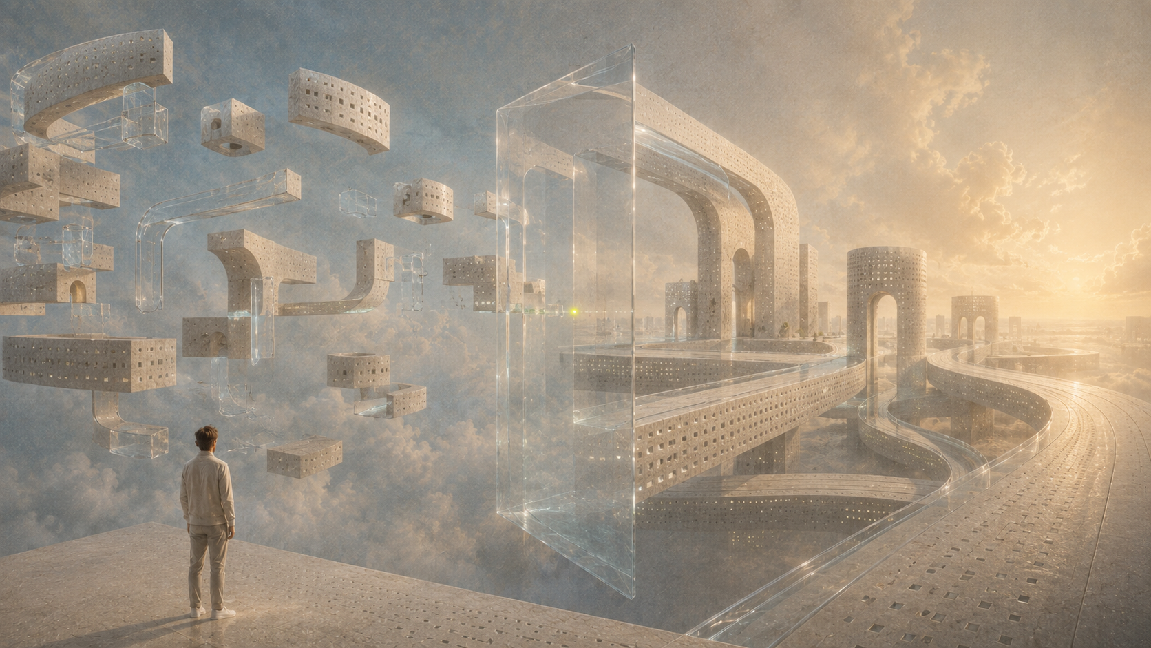 Scattered architectural forms becoming a connected path through a glass mirror