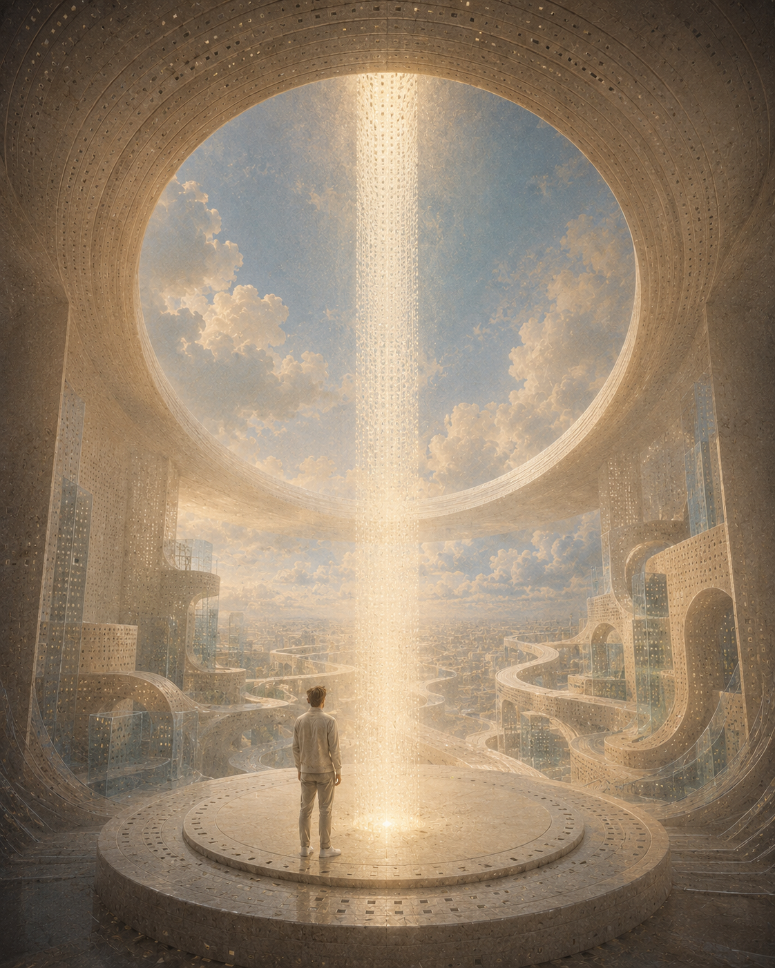 An imagined stone sanctuary open to the sky, with a luminous stream descending to a circular platform