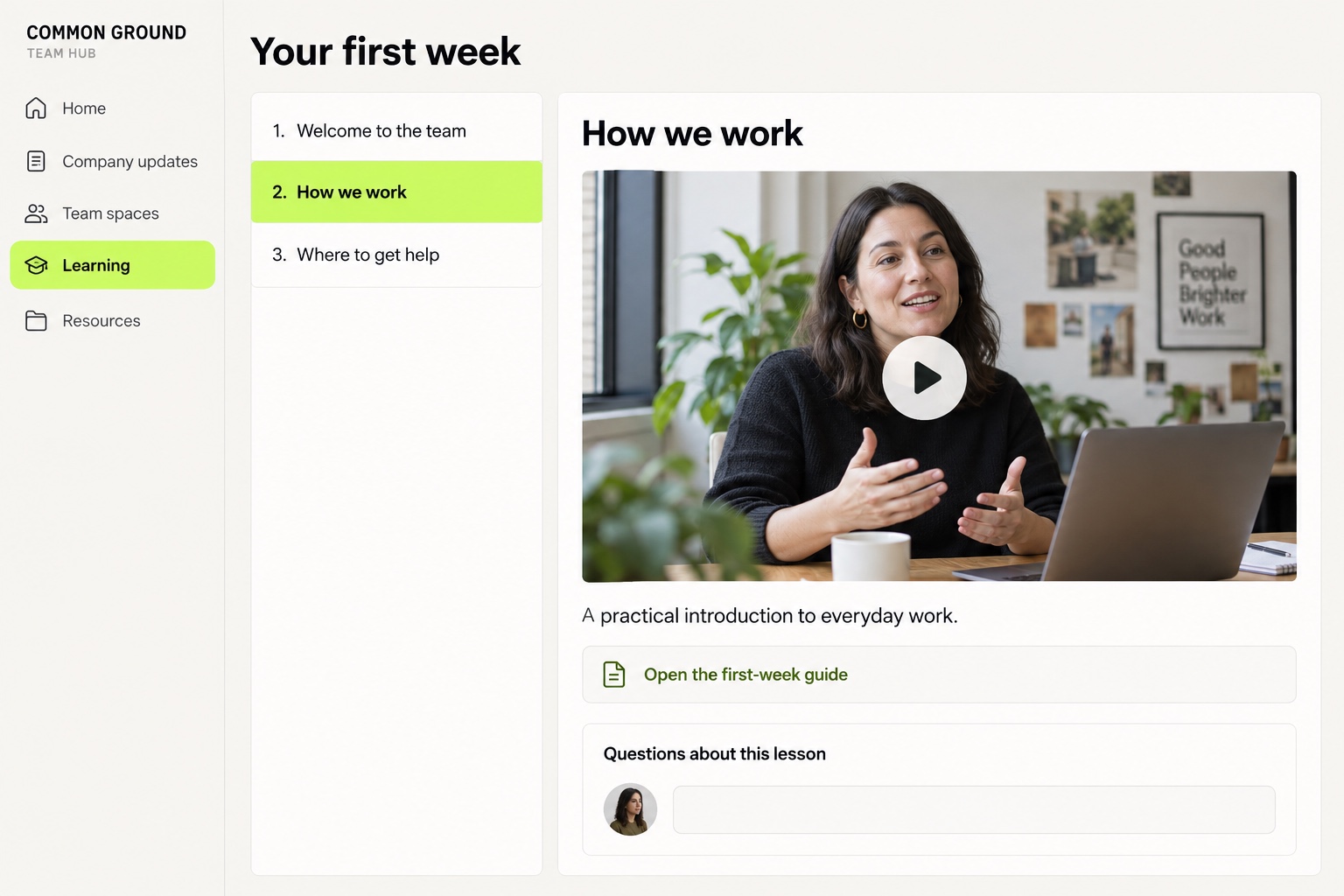 A first-week employee course includes welcome, ways-of-working and help lessons, with a team-lead video and a first-week guide.