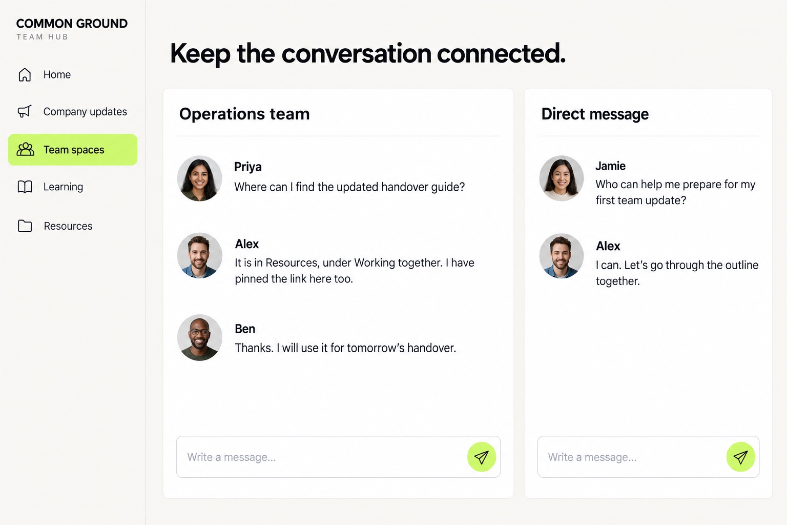 Colleagues use an Operations team conversation to find a handover guide, while a new starter asks for help preparing a team update in a direct message.