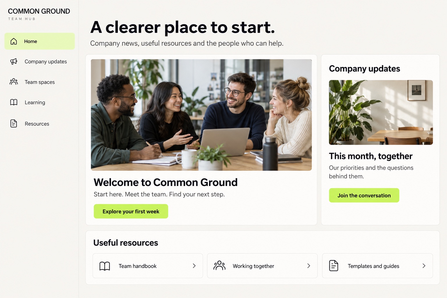 An internal team hub with company updates, resources and training