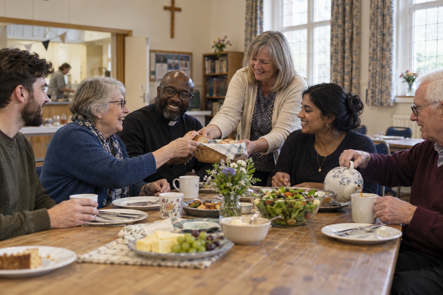 A church community sharing a meal together