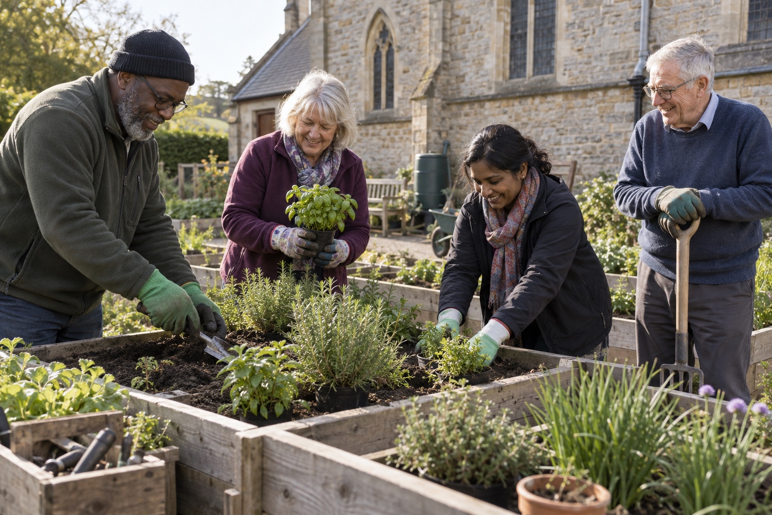 Four adult church volunteers planting herbs together in raised garden beds beside their church