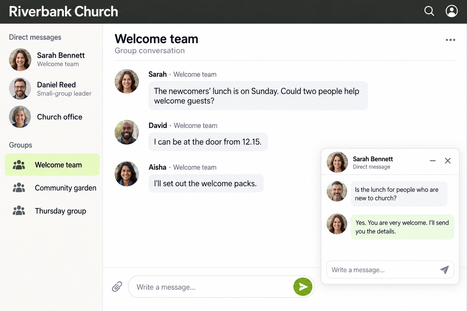 Riverbank Church group chat: Sarah asks for volunteers for a newcomers’ lunch, David offers to welcome guests and Aisha offers to set out packs. A separate direct conversation helps a newcomer feel welcome.