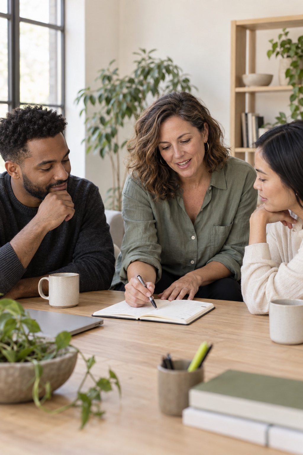 A coach working through ideas with two clients