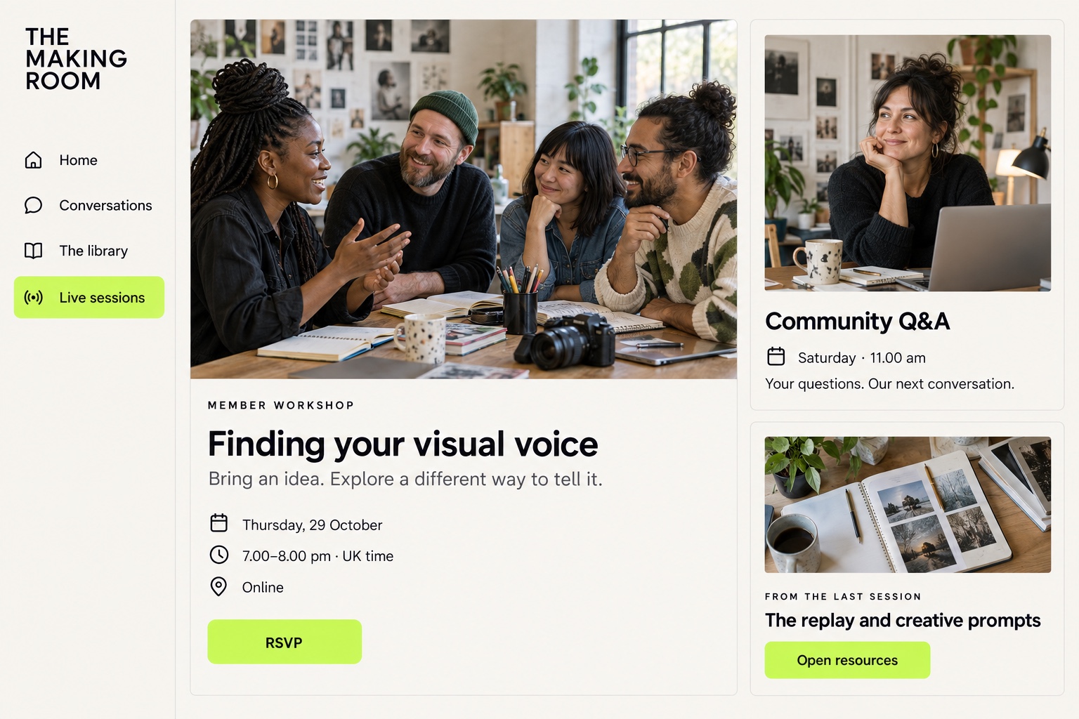 A Finding your visual voice member workshop includes an RSVP, a community Q&A and resources from the previous session.