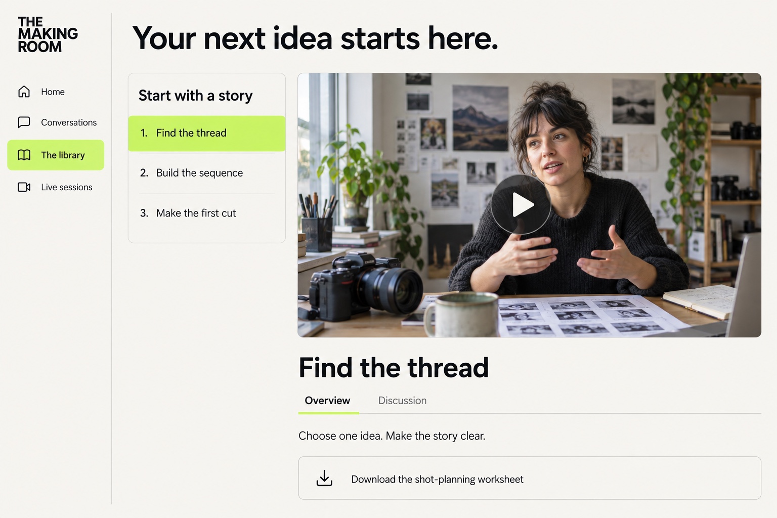 A three-part Start with a story course brings a filmmaking lesson, discussion and downloadable shot-planning worksheet together.