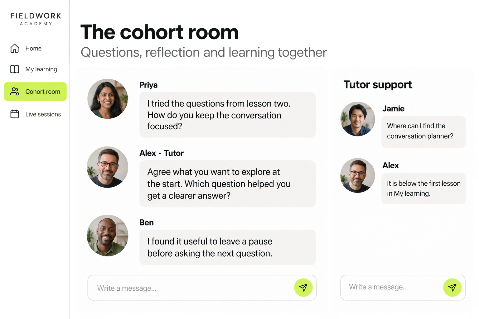 Priya and Ben discuss applying lesson two with their tutor, while Jamie uses a direct message to find a course resource.
