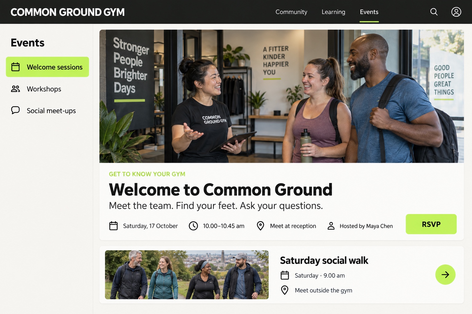 Common Ground Gym events: a welcome session with time, reception meeting point, coach and RSVP, followed by a Saturday social walk.