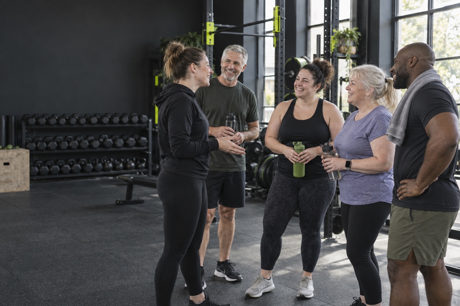 A coach and gym members chatting together after a small-group session