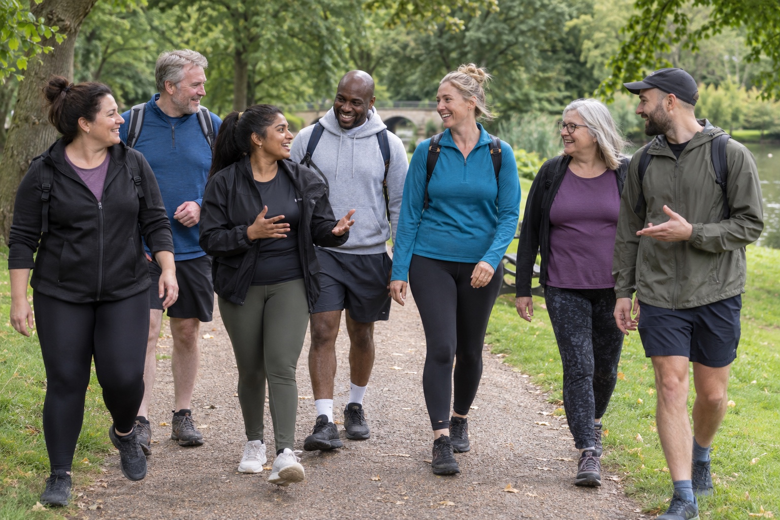 A mixed-age group of adult gym members enjoying a relaxed social walk in a park