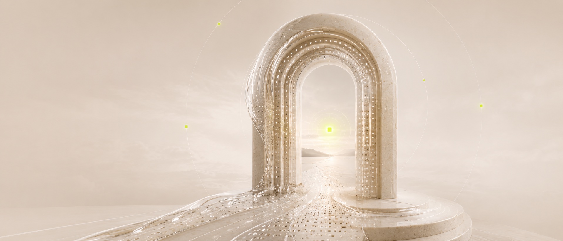 An alabaster and liquid glass portal opening onto a luminous horizon