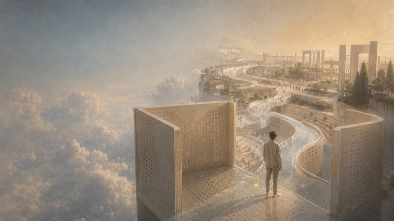 An open box leading to a winding architectural landscape
