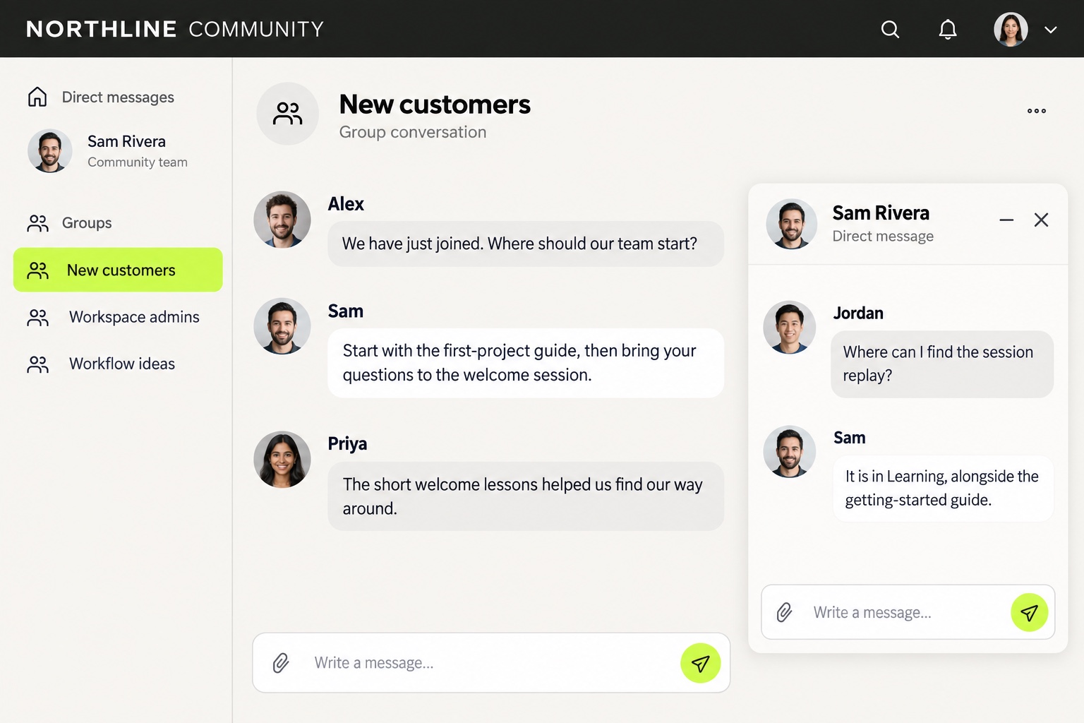 New customer group discussing where to start, alongside a direct message asking the community team where to find a session replay