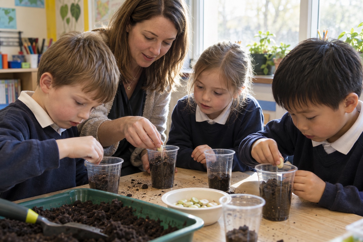 Illustrative classroom scene: a teacher and children planting seeds