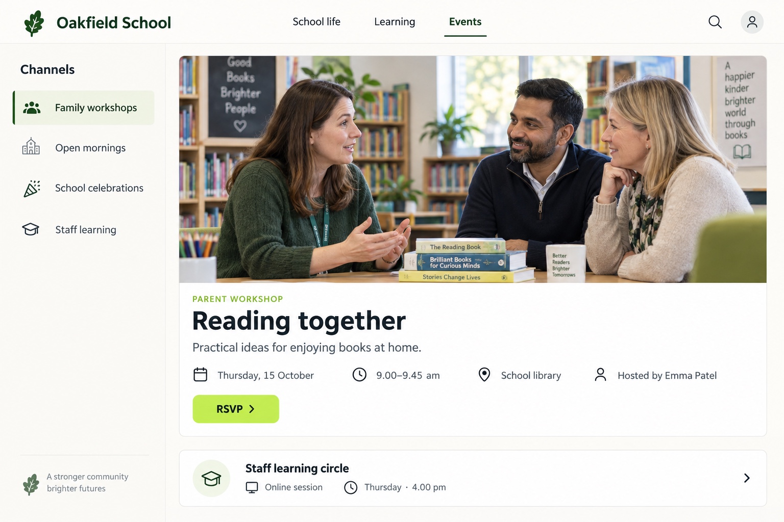 Oakfield School event page for a Reading together parent workshop in the school library, with its host, date, time and RSVP, plus an online staff learning circle.