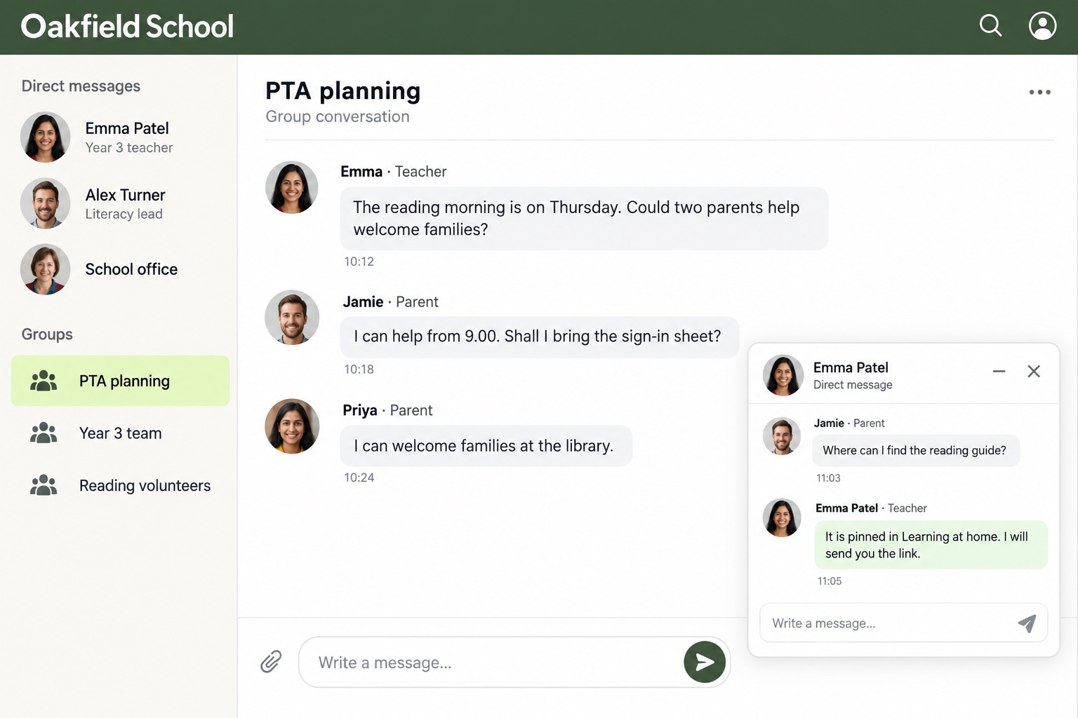 Oakfield School messaging: parents and a teacher organise a reading morning in a PTA group, alongside a direct message asking where to find the reading guide.