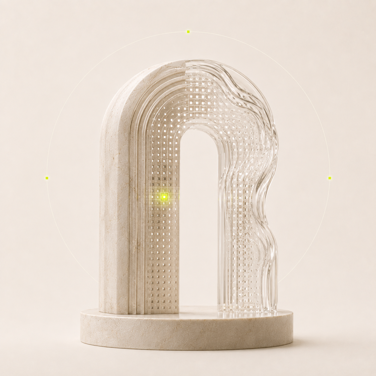 A solid stone arch opens into flowing translucent glass