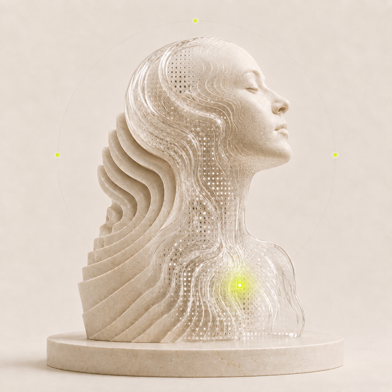 A layered mineral bust transforms into a serene translucent figure with a glowing heart